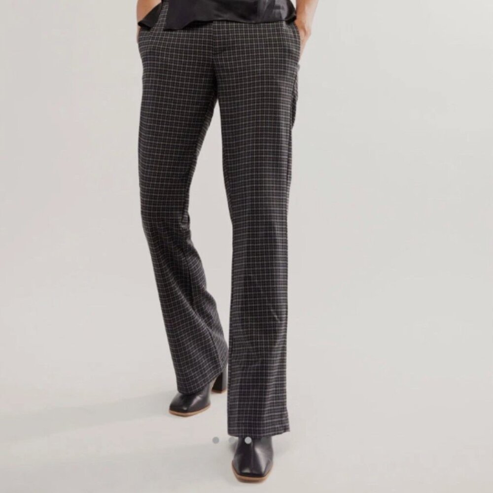 Free People Women's Jana Flare Trouser Pants Houndstooth Plaid Black Gray Sz 6